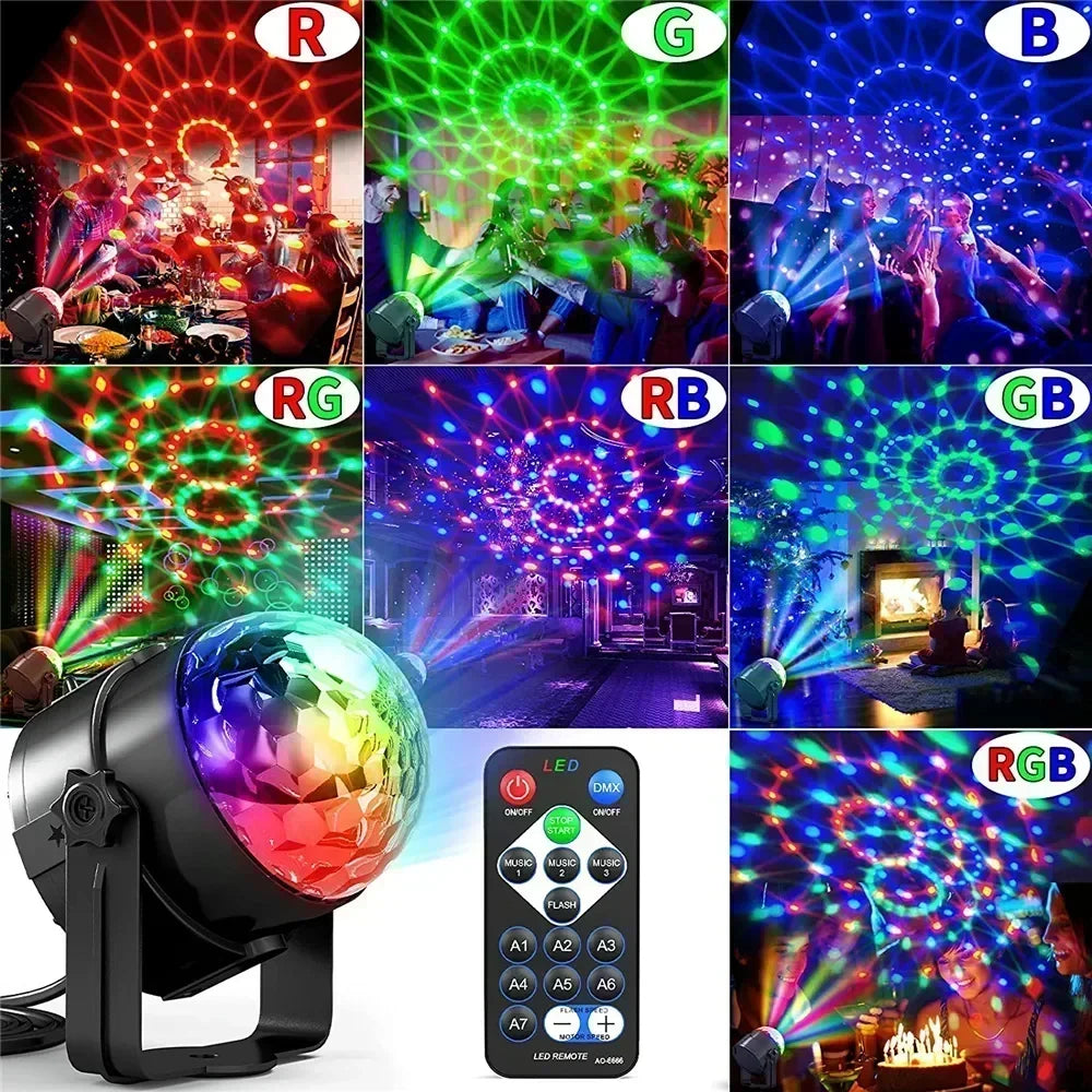 RGB LED Stage Disco Light Rotating DJ Ball Strobe Sound Control Magic