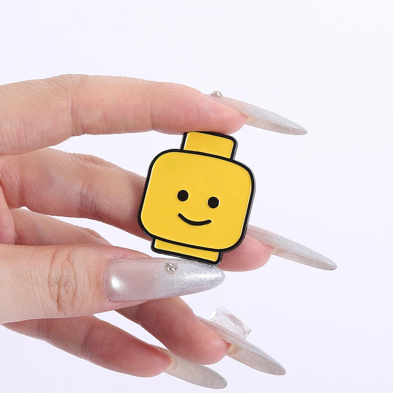 Funny Yellow Emoji Building Blocks Puppet Brooch Enamel Pins Cartoon