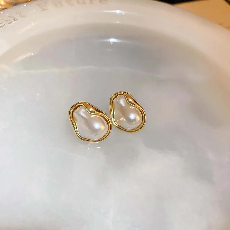 Geometric Irregular Round Metal Pearl Earrings for Women Minimalist