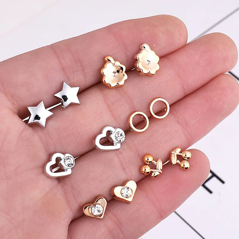 18pairs/set Gold Sliver Enamel Pearl Flower Heart Stud Earring Set For