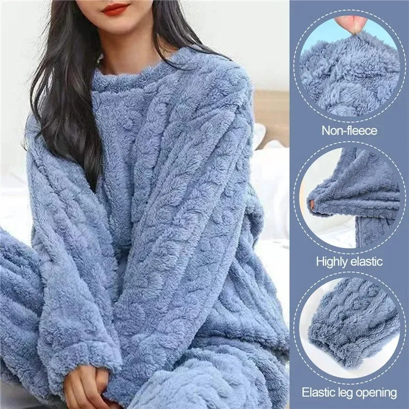 Soft Coral Velvet Jacquard Warm Pajama Set for Women Cozy Loungewear
