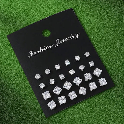 12 Pairs Set Stainless Steel Stud Earrings with Gemstone Buds Round