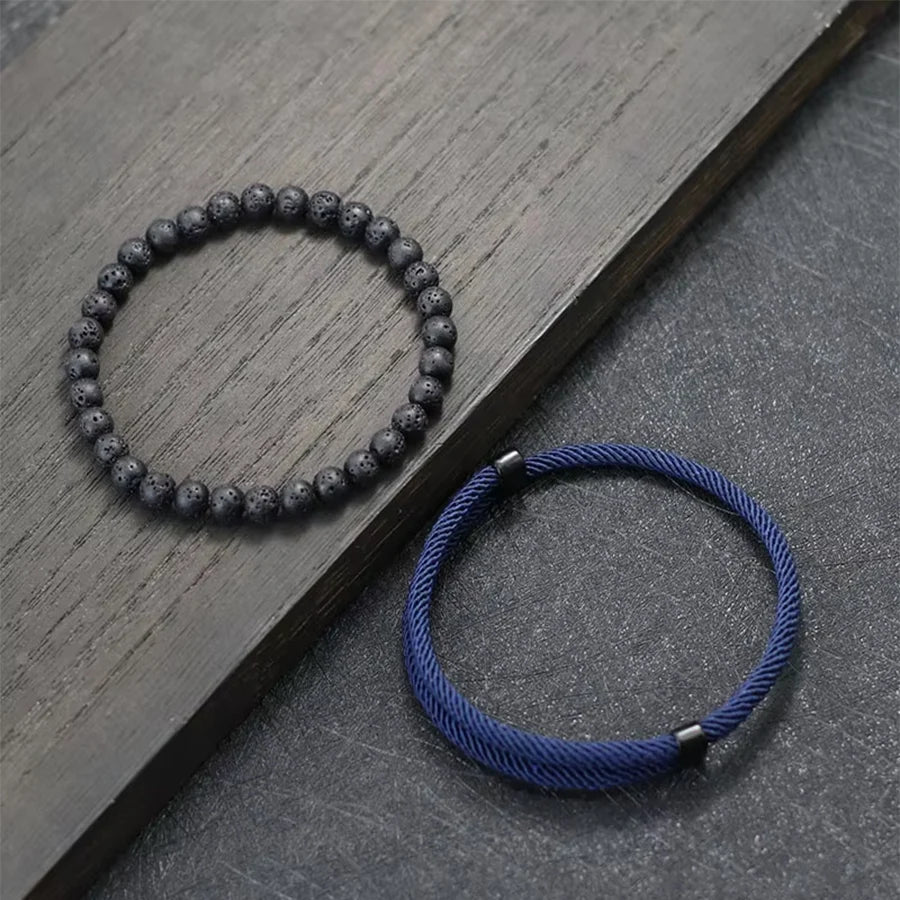 2 PCS Sleek Minimalist Black Beaded Bracelet Rope Bracelet Mixed