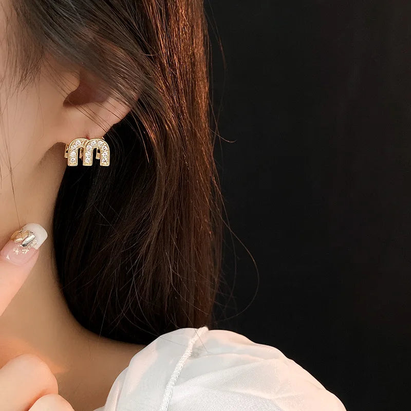 Letter M-shape Zircon Hoop Earrings for Women Oil Dripping