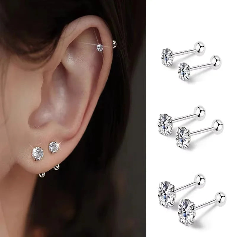 3Pairs Classic Round Cubic Zirconia Stud Earrings For Women Stainless