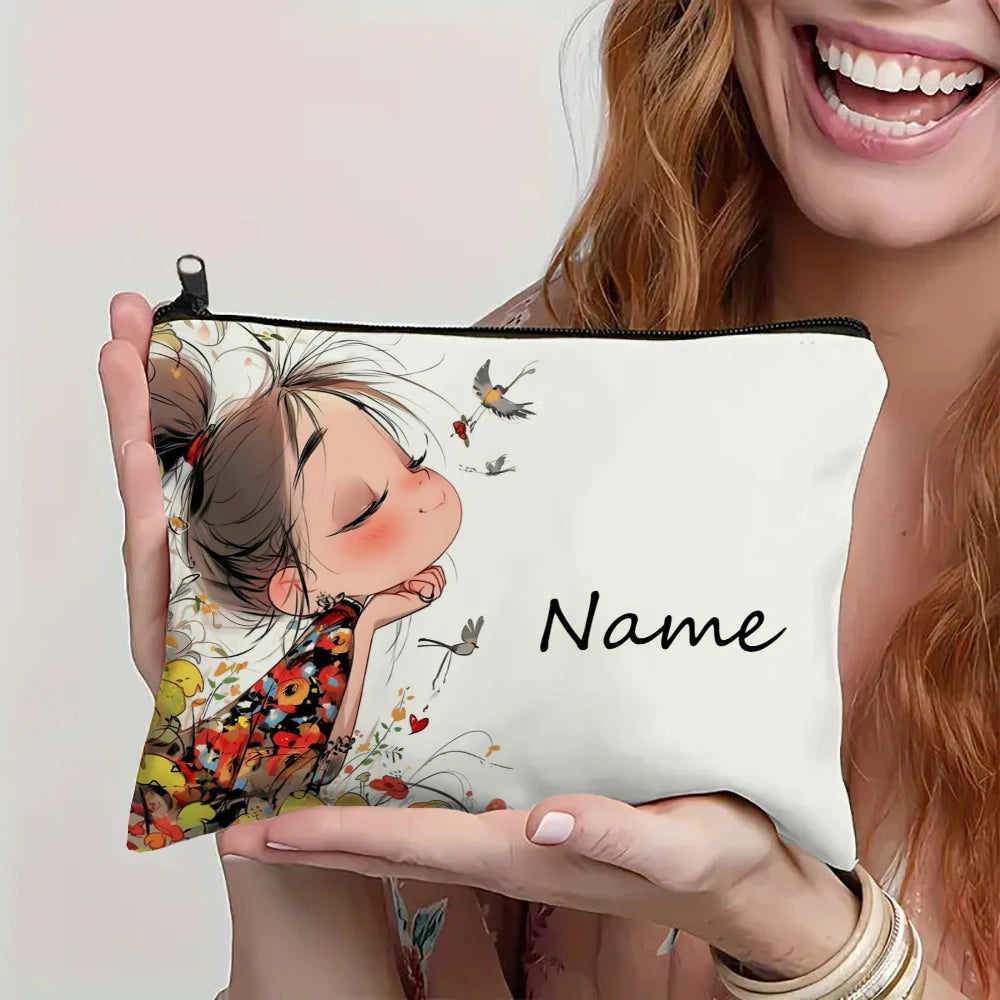 Custom Name Vintage Cute Girl Pattern Makeup Bag Handbag Toiletry Bag
