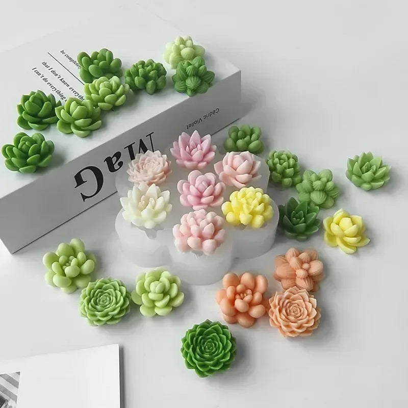 7pcs Succulent Flowers Candle Mold 3D Cactus Lotus Rose Soap Plaster