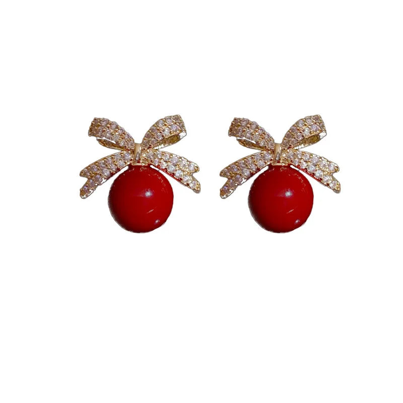 Sparkling Rhinestone Bow Pearl Stud Earrings Light Luxury Fashion