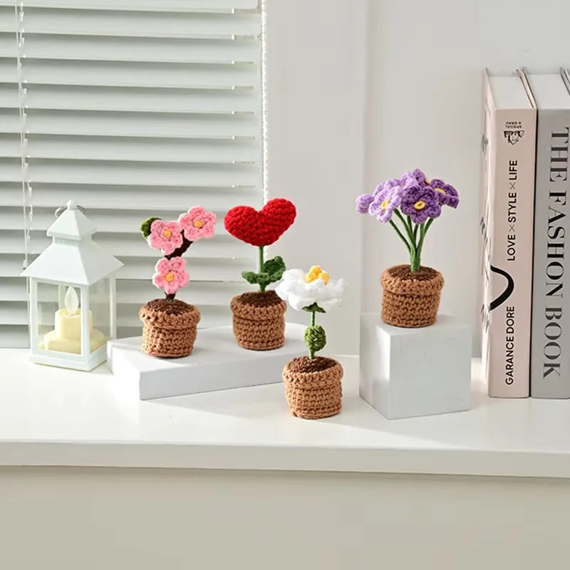 1/2/3/5Pcs Handmade Knitted Flower Pot Red Heart Shaped Knit Imitation