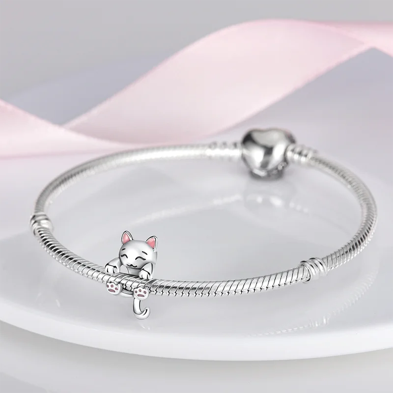 2024 Hot Sale Pink 925 Silver  Milk Cat Shape Charm Beads Fits Pandora