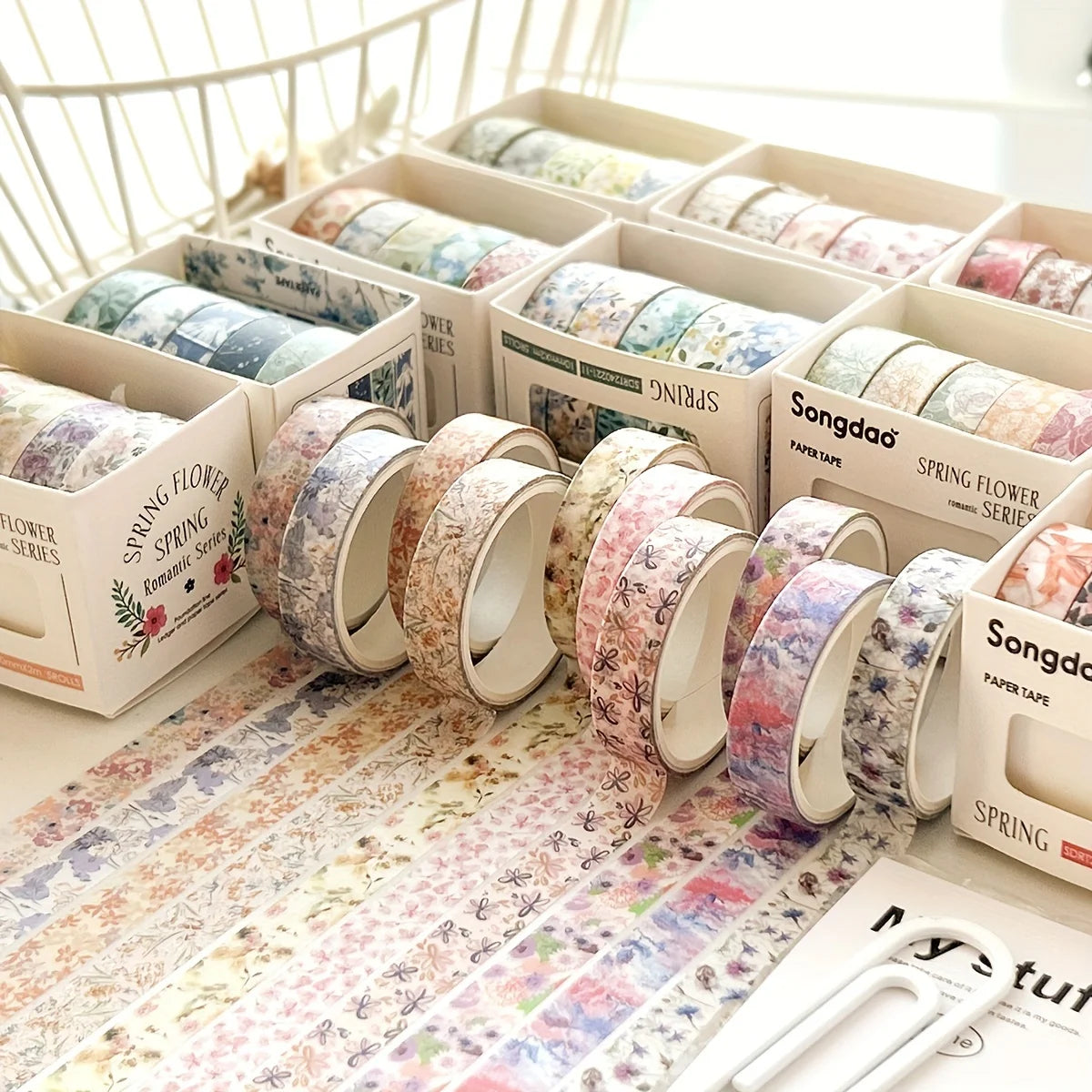 5 rolls of boxed romantic flower handbook tape, cute DIY fresh