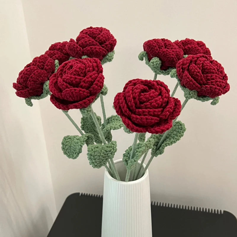 Fake Rose Flowers Hand Knitting Wool Bouquet Crochet Woven Flower