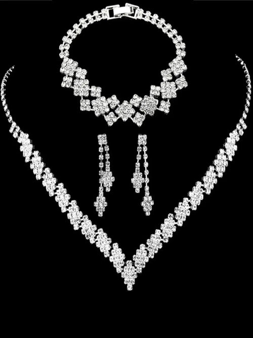 3pcs Bridal Jewelry Set Silver Plated Rhinestone Fold Clutch Bracelet