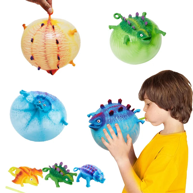 3PCS Kids Funny Dinosaur Animals Inflate Vent Balls Toy Squeeze Soft