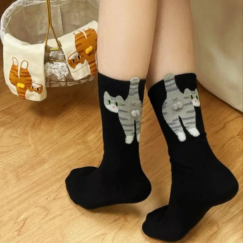 1pair Women's Korean - Inspired Mid - Tube Socks, Adorable Cat Print