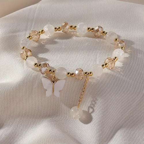 Purple Butterfly Charm Beaded Stretch Bracelet For Women Multi Color
