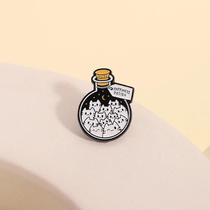 Cartoon Cat Happiness Potion Enamel Pin Cat Enthusiasts Metal Brooch