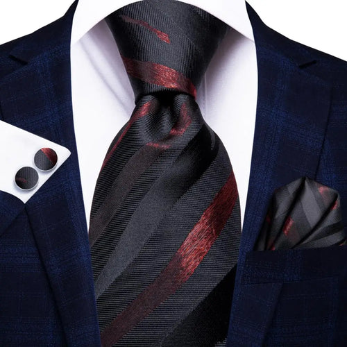 Black Red Striped Silk Wedding Tie For Men Handky Cufflink Gift Men