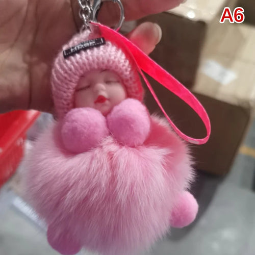 Pompom Sleeping Baby Keychain Cute Fluffy Plush Doll Keyholder Women