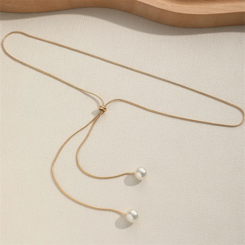 Simple Faux Pearl Pendant Adjustable Long Sweater Chain Necklace