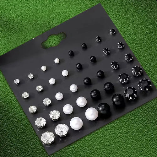 12 Pairs Set Stainless Steel Stud Earrings with Gemstone Buds Round
