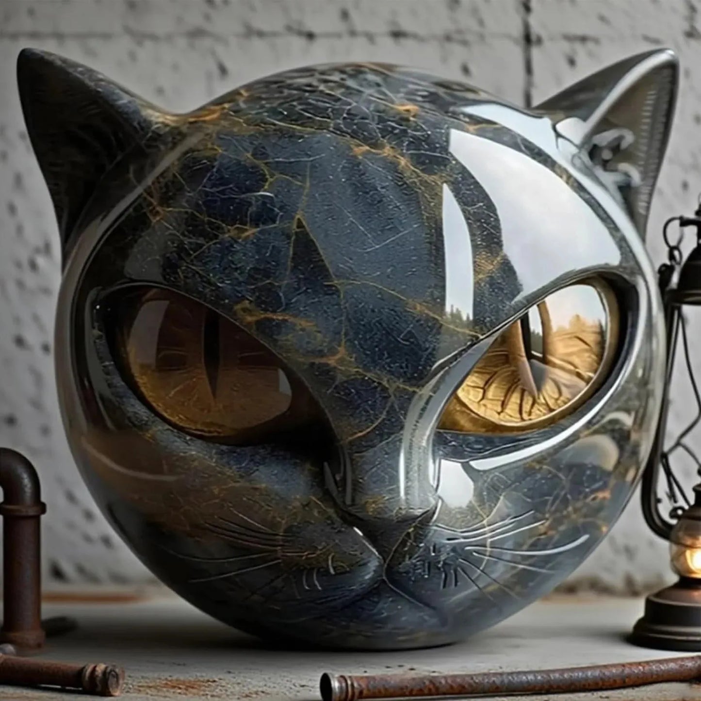 Decorative Black Cat Stone Figurine Resin Cat Head Healing Stone