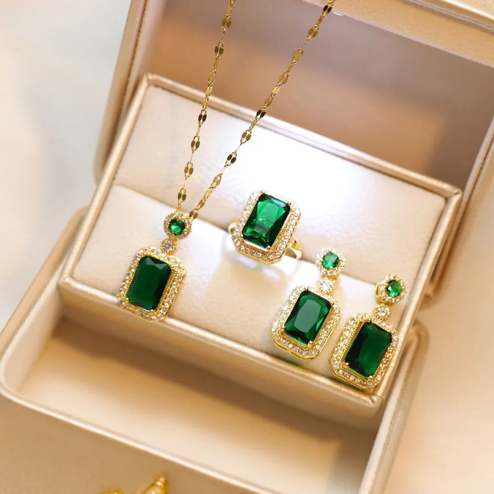 4PCS Sets Exquisite Quadrate Rhinestone Necklace Earrings Ring Jewelry