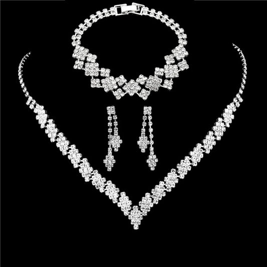 3pcs Bridal Jewelry Set Silver Plated Rhinestone Fold Clutch Bracelet