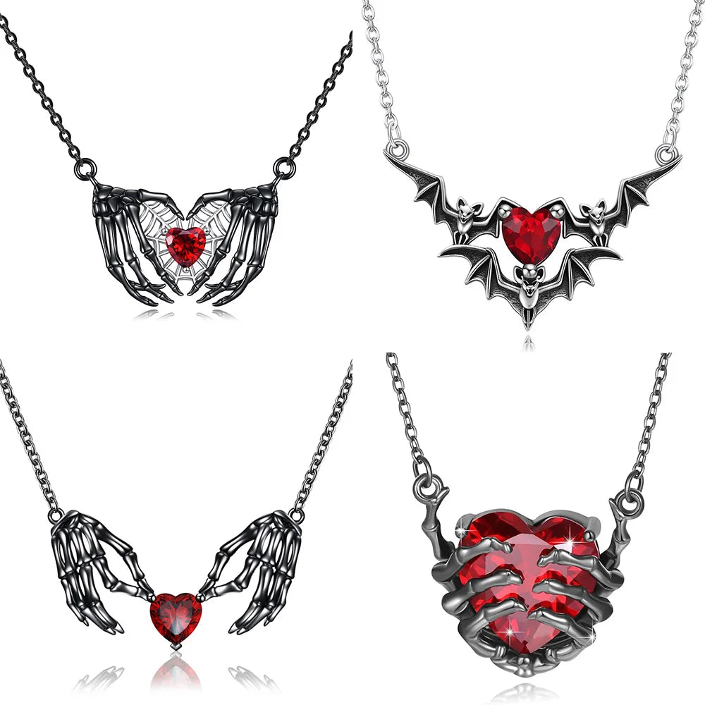 Gothic Punk Bat Wings and Heart Shaped Resin Pendant Necklace - Dark