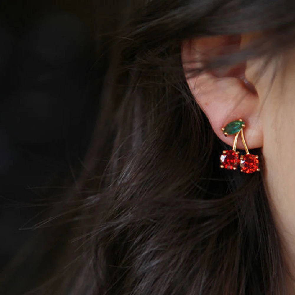 2024 Red Zircon Cherry Leaf Stud Earrings Women Piercing Jewelry For