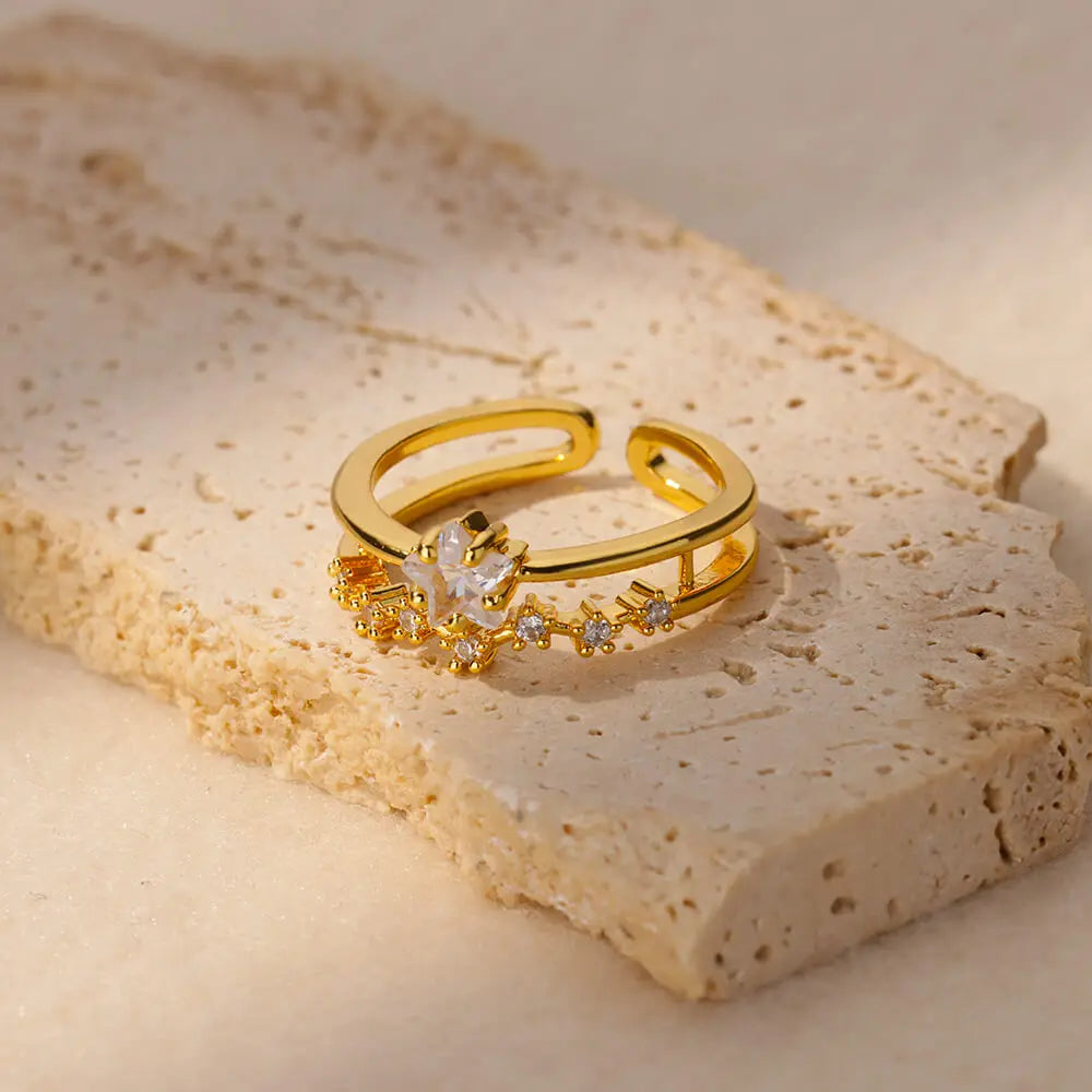 Zircon Geometric Heart Rings For Women Stainless Steel Gold Color