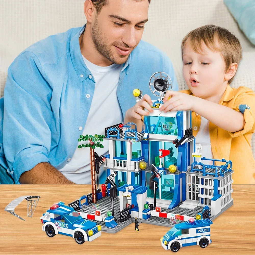 City police station building block group boy DIY car brick police