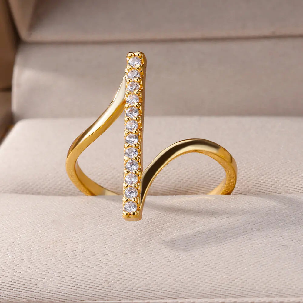 Zircon Geometric Rings For Women Gold Color Stainless Steel Opening