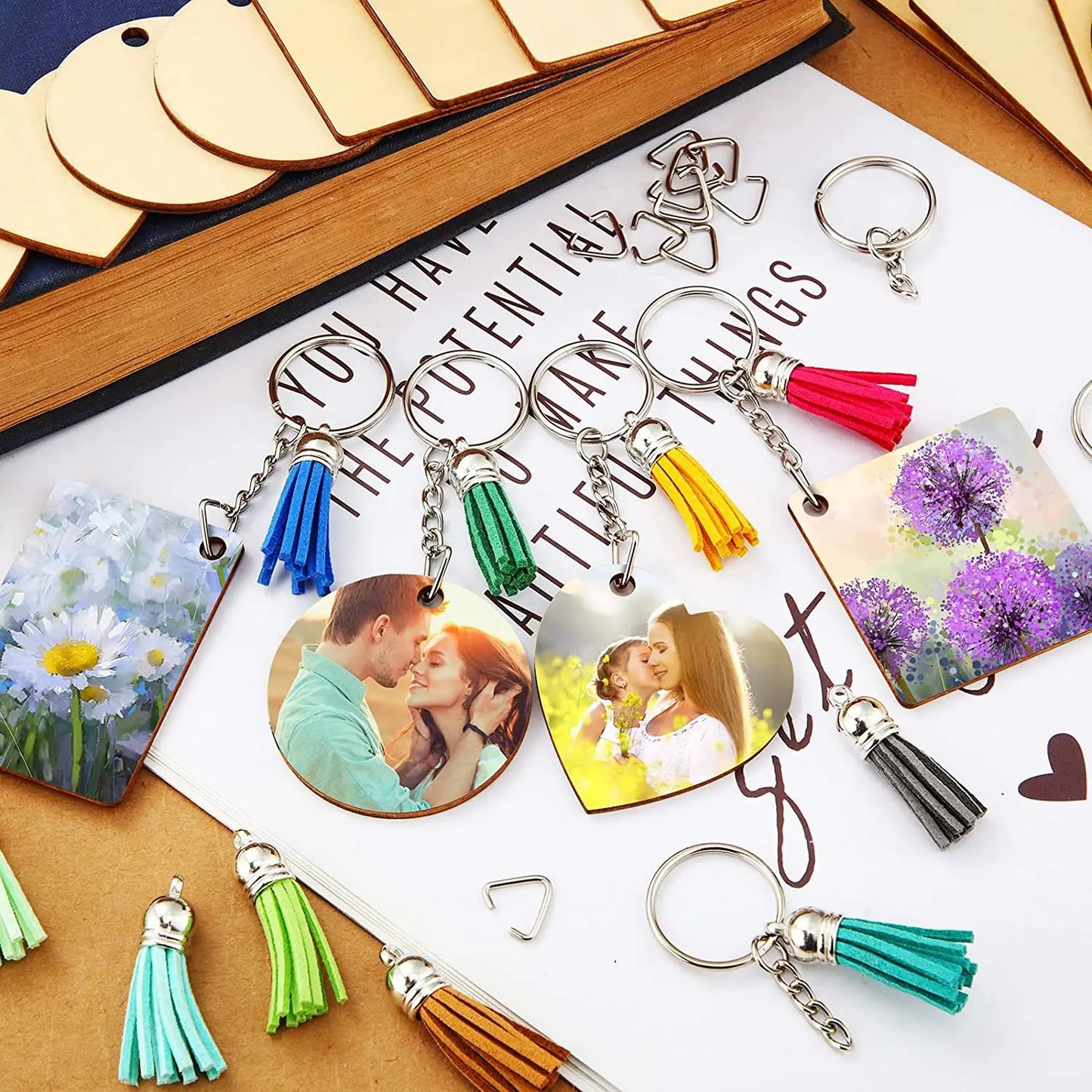 96/160PCS Unfinished Wooden Keychains Blank Sublimate Keychain Key