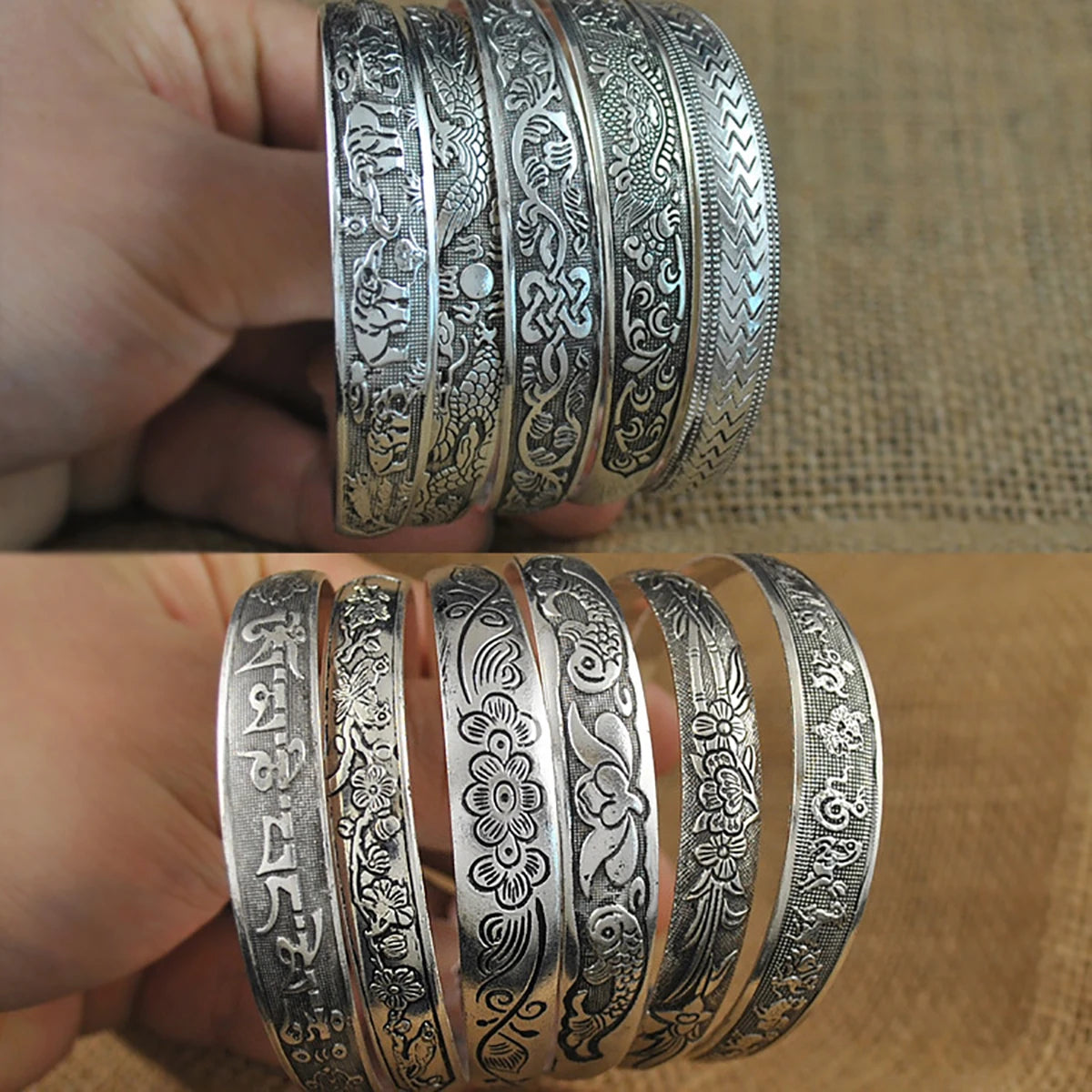 New Retro Cuff Bracelets Tibetan Silver Metal Carving Fish Elephant