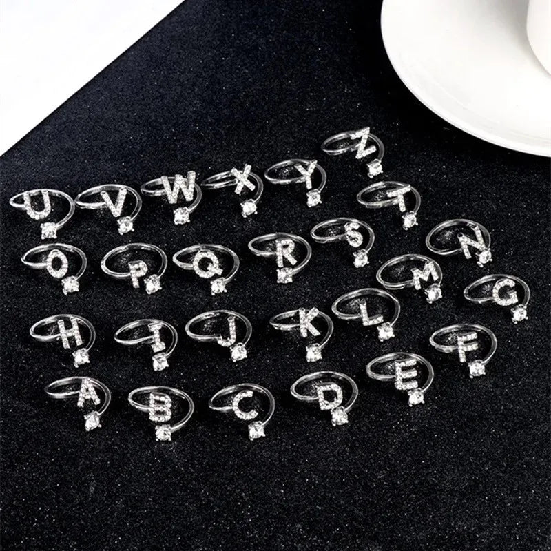 LATS Zircon Initial A-Z Letter Rings for Women Girl Adjustable Opening
