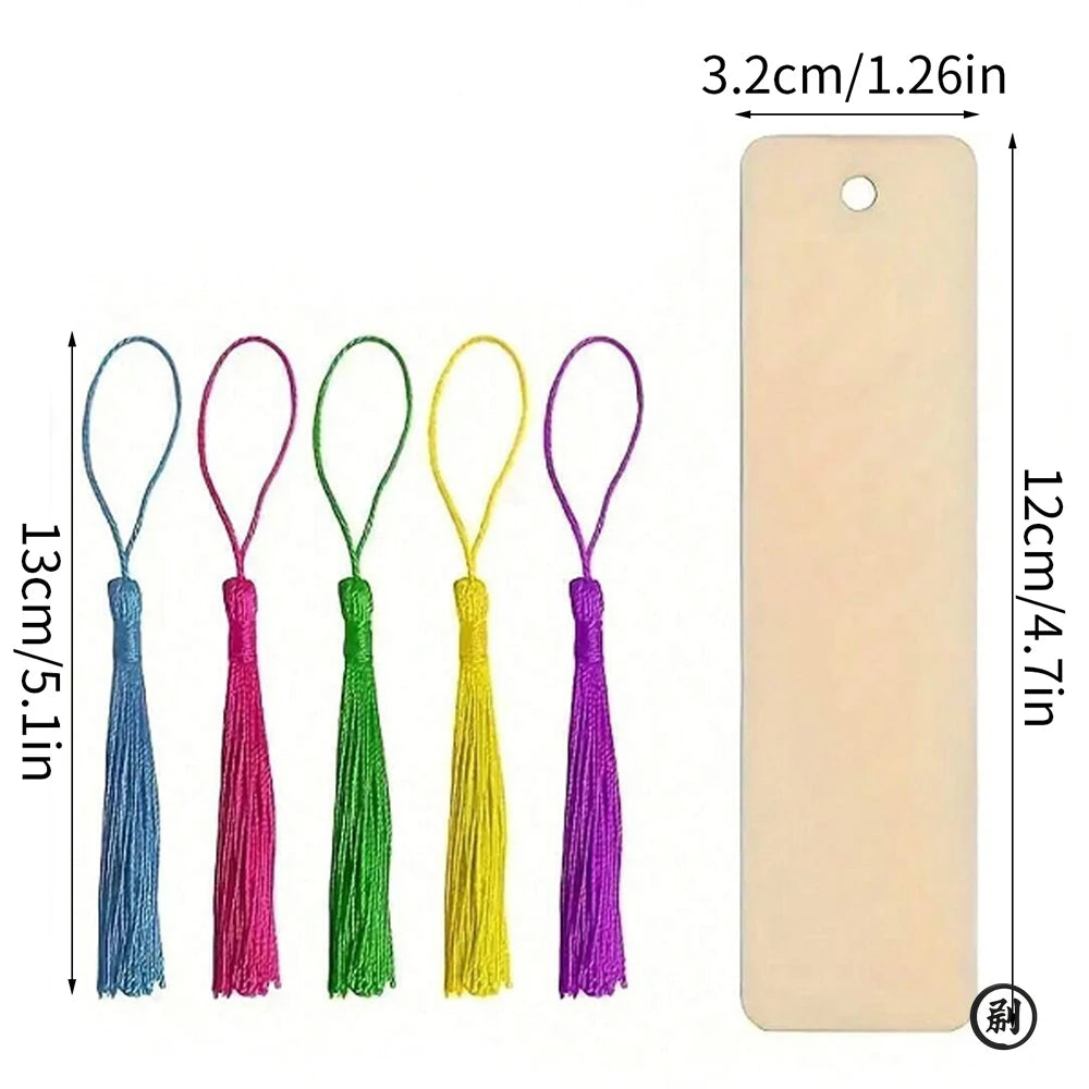 10/30/50/70Pcs Wooden Blank Bookmarks with Tassels Set DIY Wooden