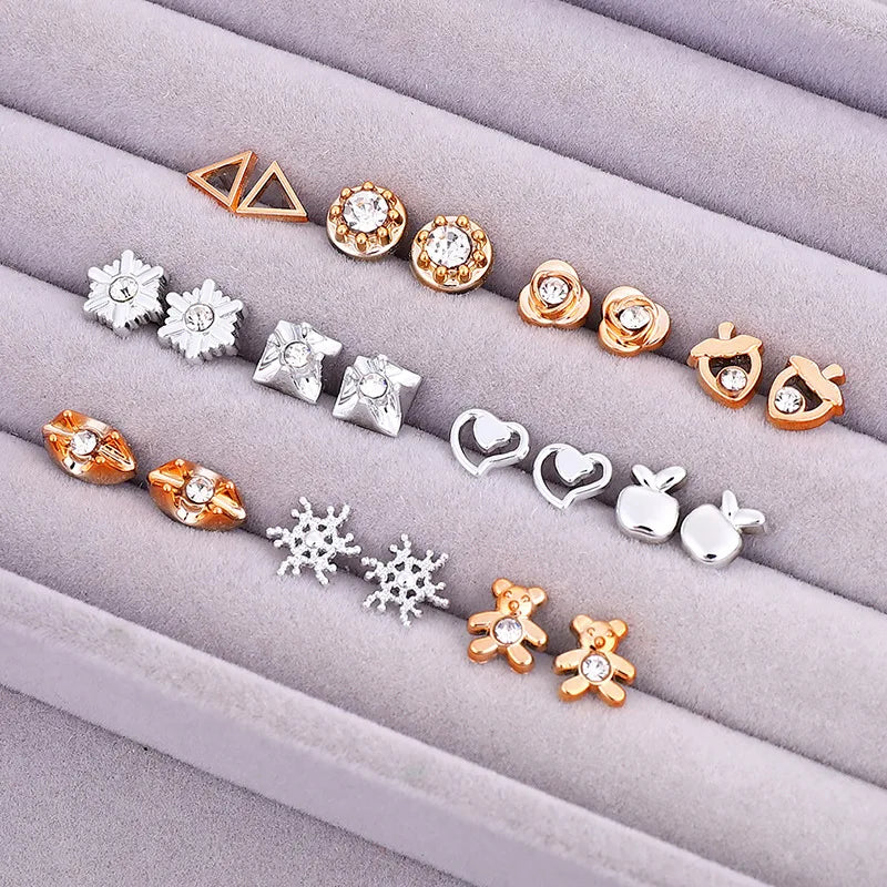 18pairs/set Gold Sliver Enamel Pearl Flower Heart Stud Earring Set For