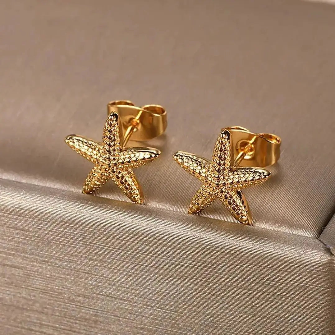Vintage Summer Starfish Stainless Steel Stud Earrings For Women Simple