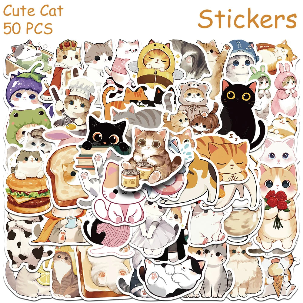 50pcs Cartoon Cute Cats Stickers Decals For Laptop Notebook Skateboard
