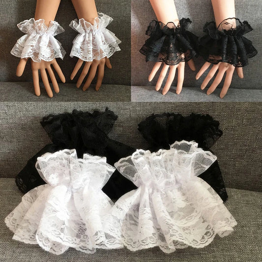 1Pair Lolita Hand Sleeve Wrist Cuffs Ruffled Floral Black Lace Elastic