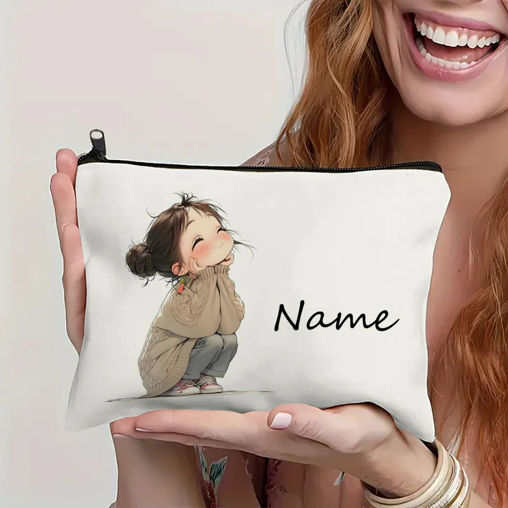 Custom Name Vintage Cute Girl Pattern Makeup Bag Handbag Toiletry Bag