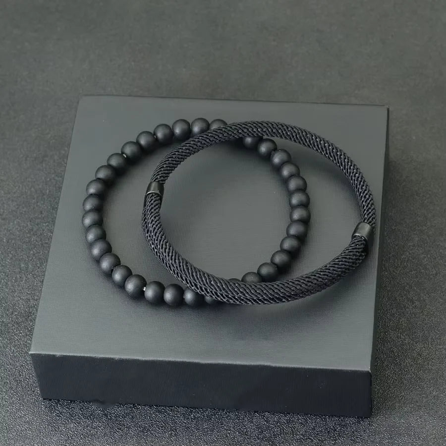 2 PCS Sleek Minimalist Black Beaded Bracelet Rope Bracelet Mixed