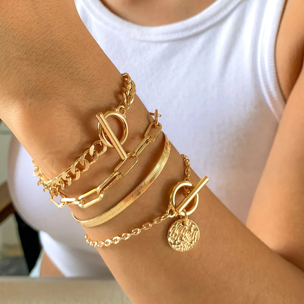 Punk Cuban Link Chain Coin Pendant Bracelet for Women on Hand Vintage