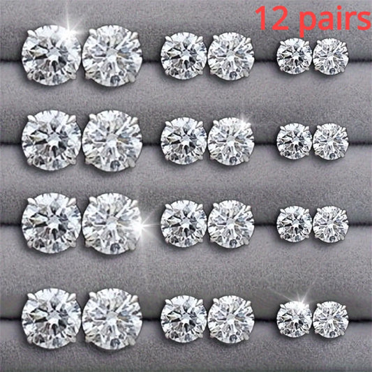 12 Pairs Set Stainless Steel Stud Earrings with Gemstone Buds Round