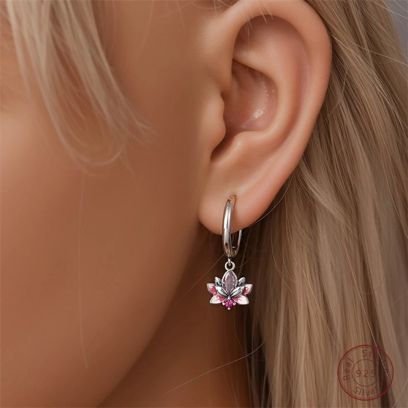 Hot 925 Sterling Silver Earrings Charm Simple Shining Lotus Zircon