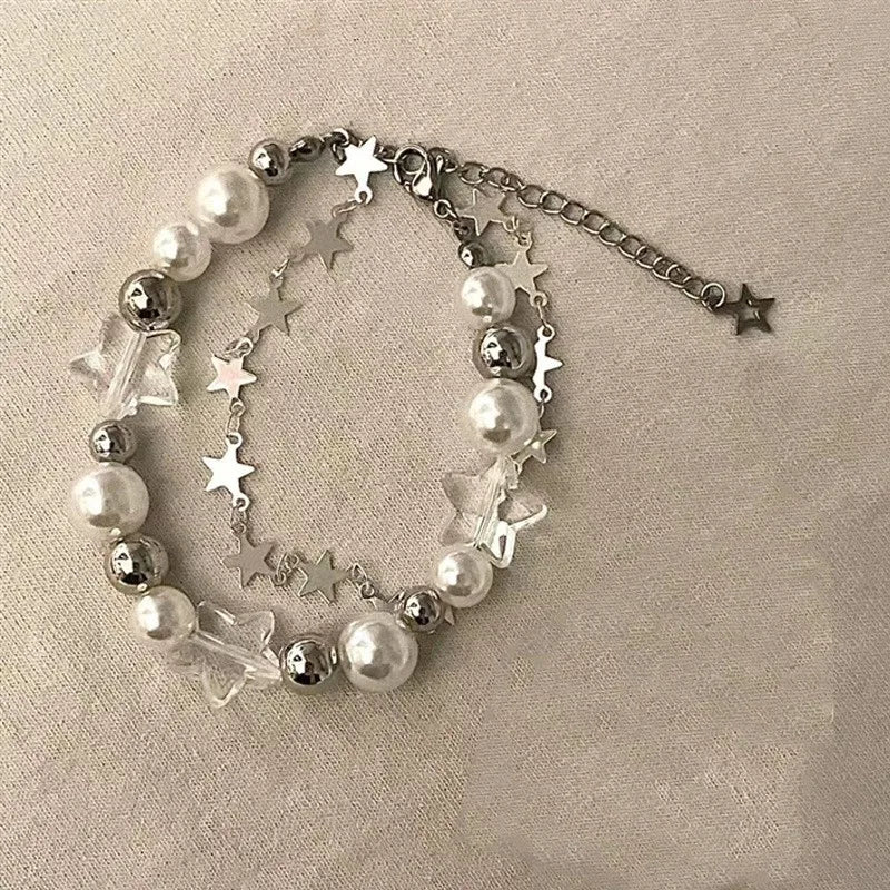 Harajuku Crystal Star Pentagram Pearl Beaded Bracelet for Women