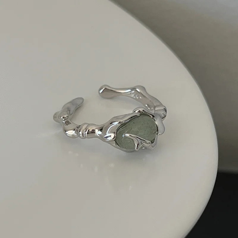 925 Sterling Silver plated Liquid Lava Hetian Jade Bamboo Ring for
