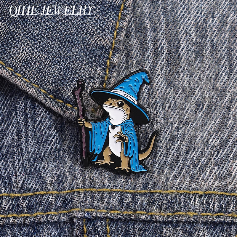Lizard Wizard Enamel Pins Punk Gothic Blue Animal Metal Brooches