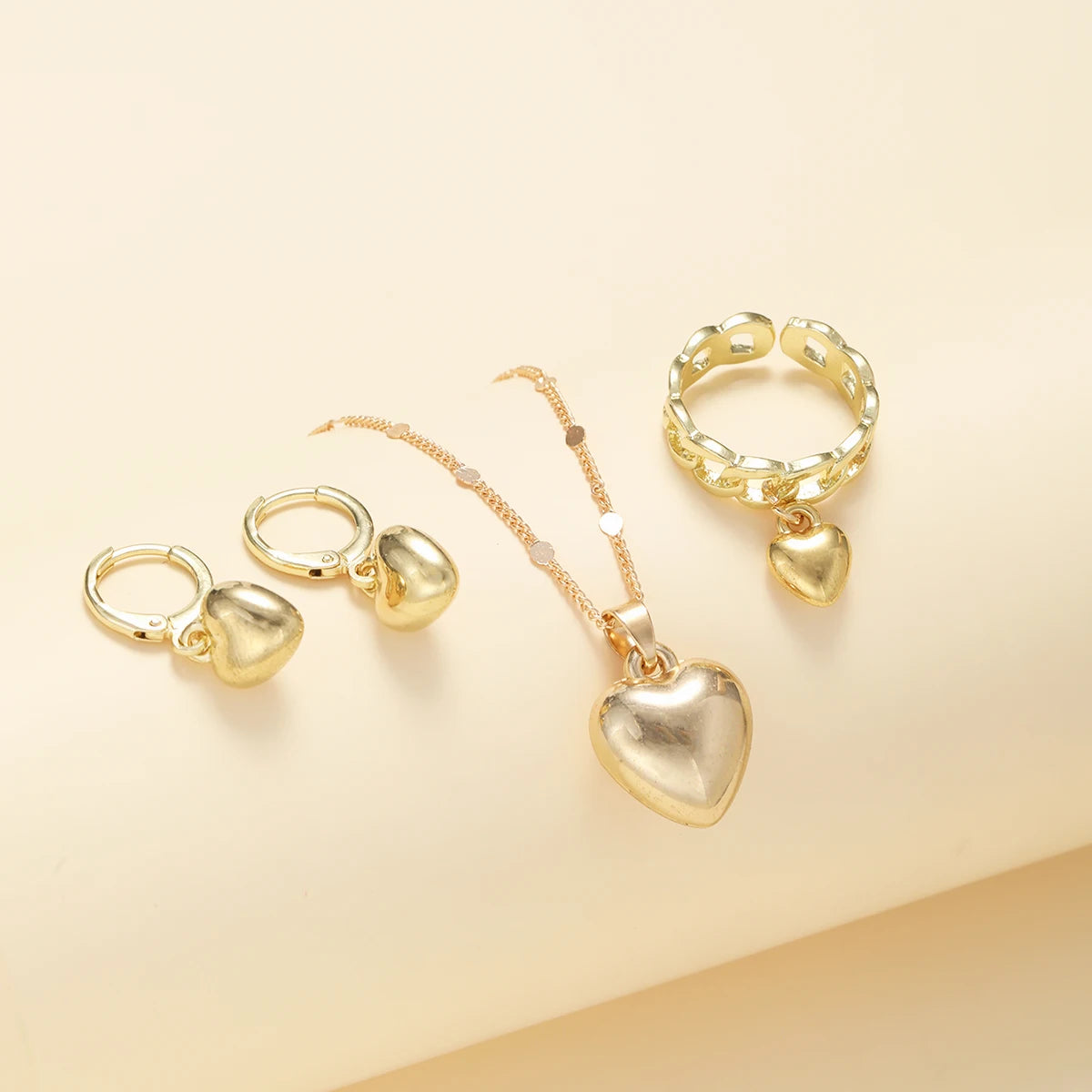 4Pcs/Set Vintage Love Heart Pendant Necklace Ring Hoop Earring for